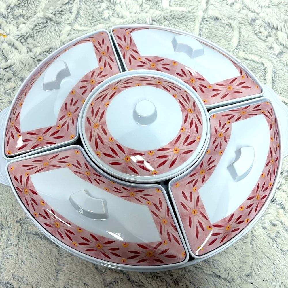 Temptations Old World Cranberry Melamine Round Relish Serving tray 5 sections
